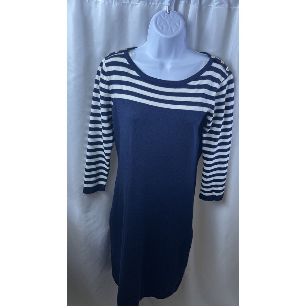 Appraisal Women’s Knit Sheath Midi Dress Size L Nautical Striped Button Shoulder